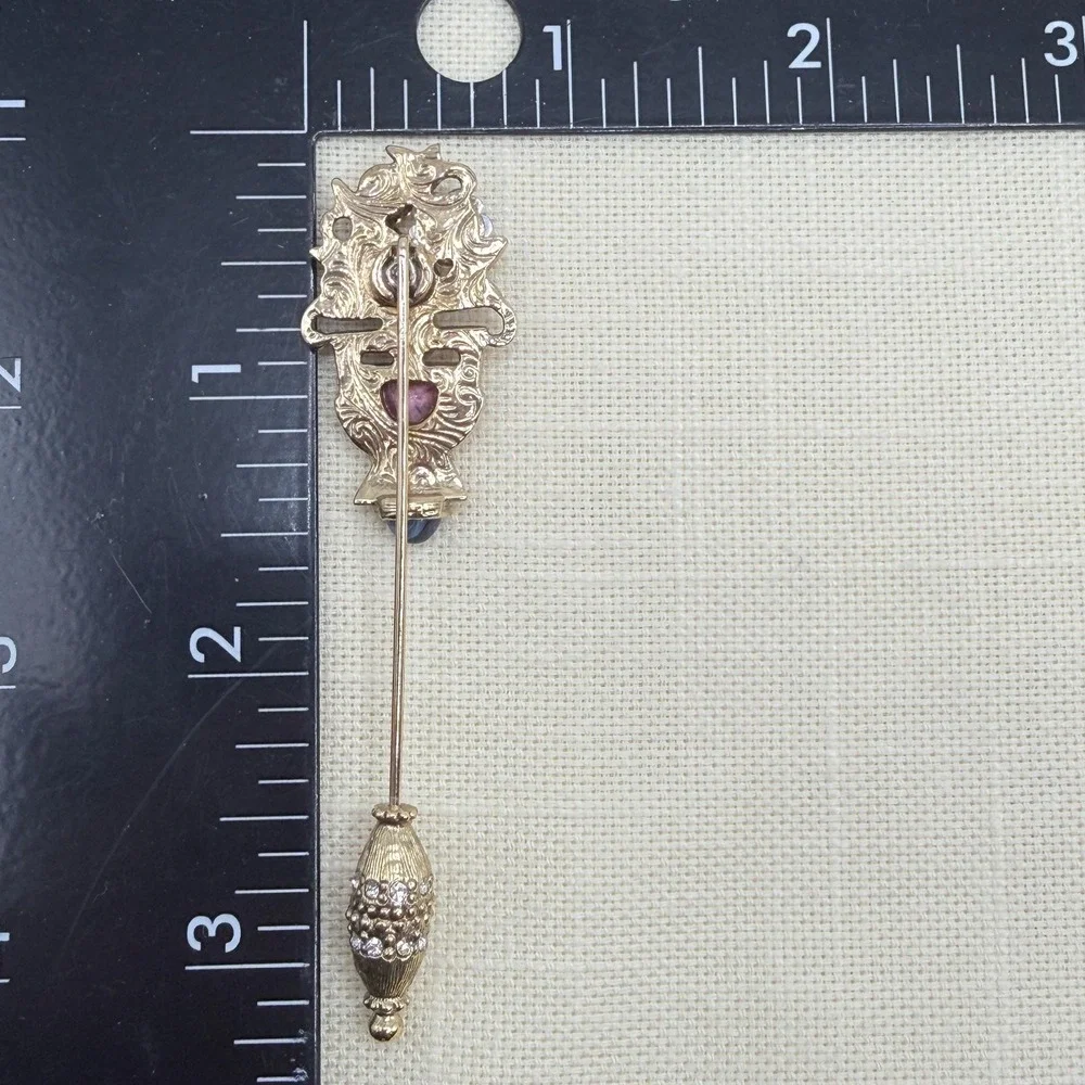 Vintage Victorian Revival 1928 Cravat Flower Rhinestone Gold Tone Stick Pin